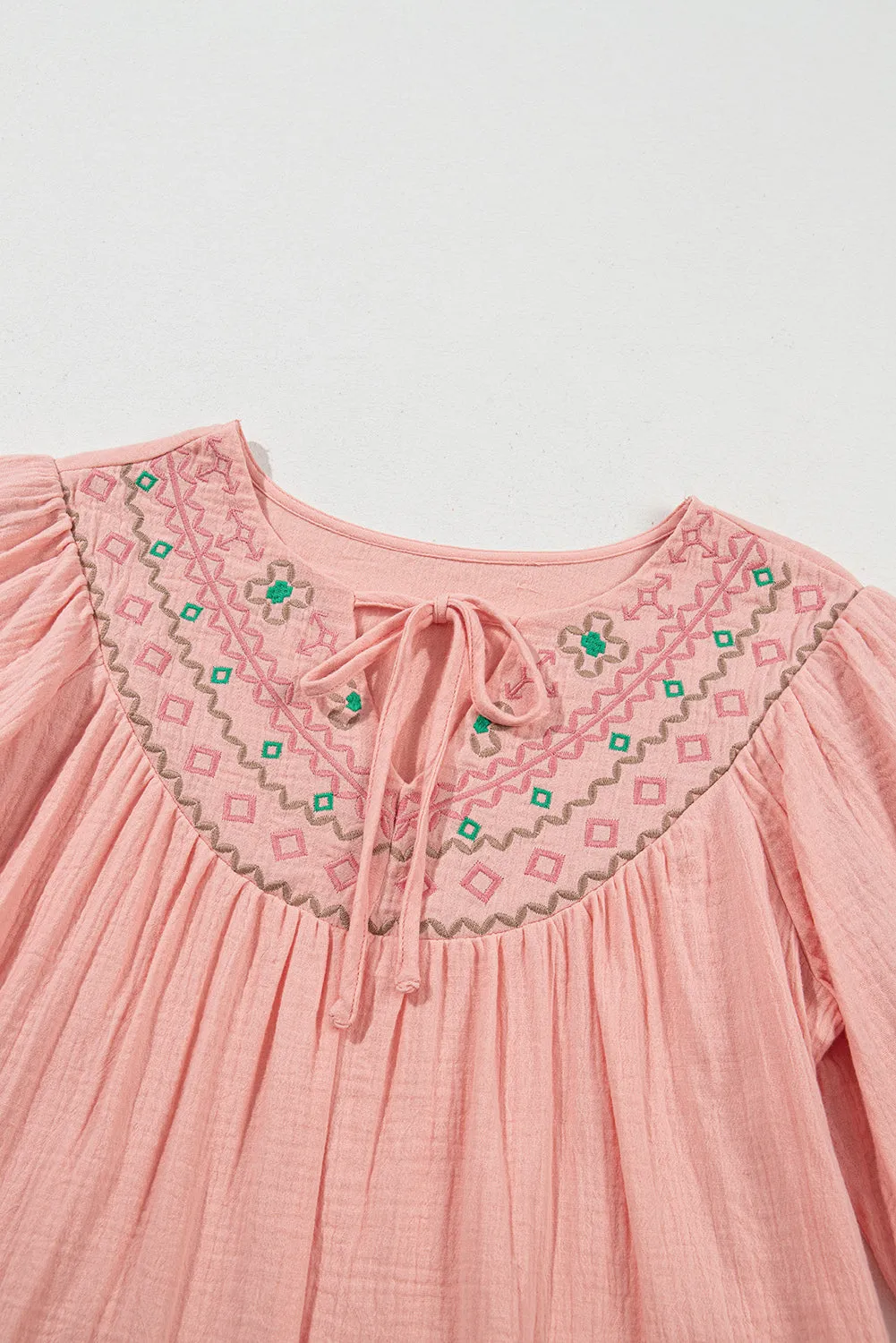 KaleaBoutique Geometric Embroidered V Neck Puff Sleeve Blouse