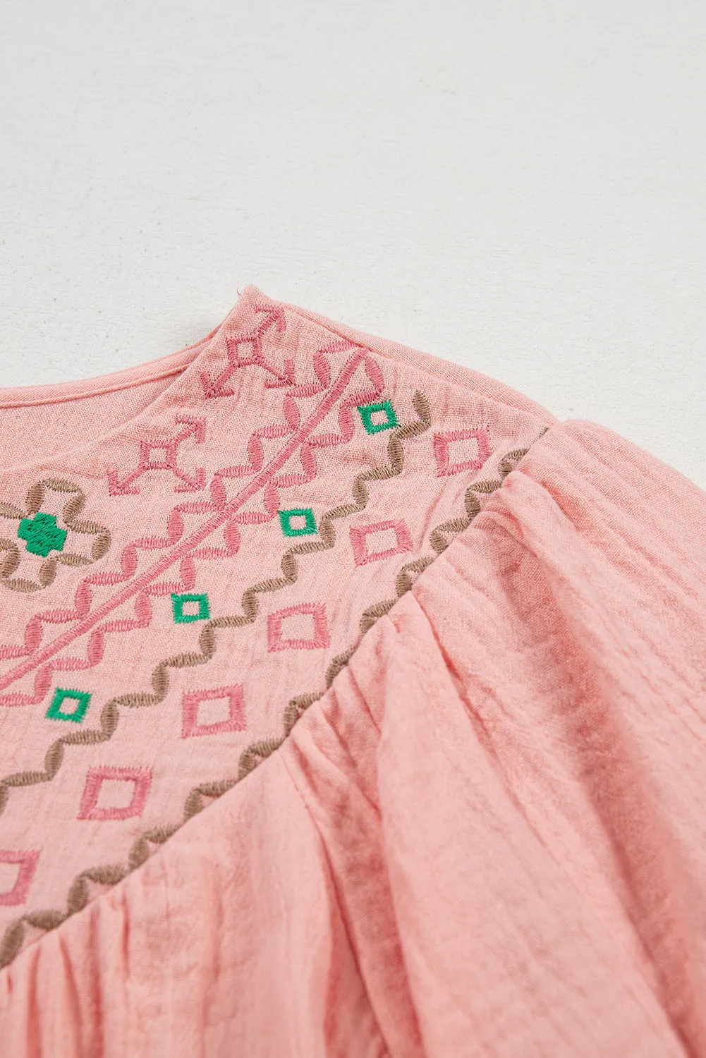 KaleaBoutique Geometric Embroidered V Neck Puff Sleeve Blouse