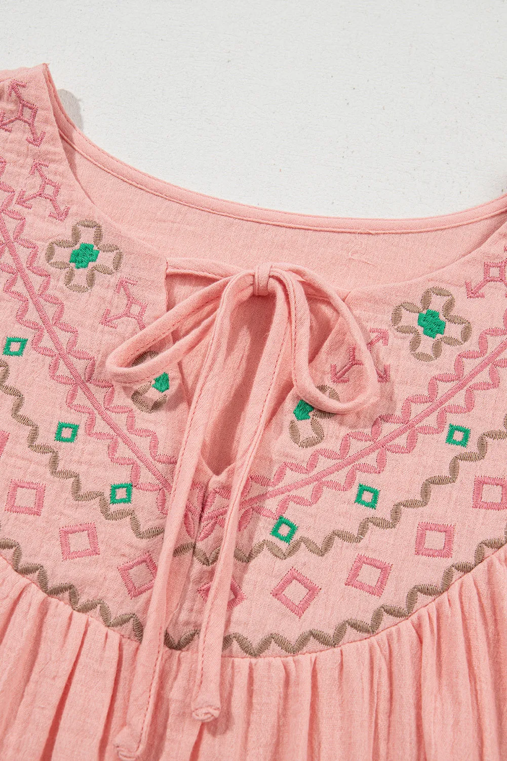 KaleaBoutique Geometric Embroidered V Neck Puff Sleeve Blouse