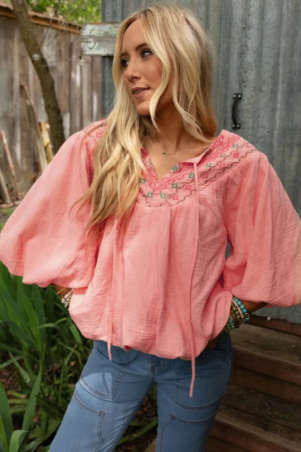 KaleaBoutique Geometric Embroidered V Neck Puff Sleeve Blouse