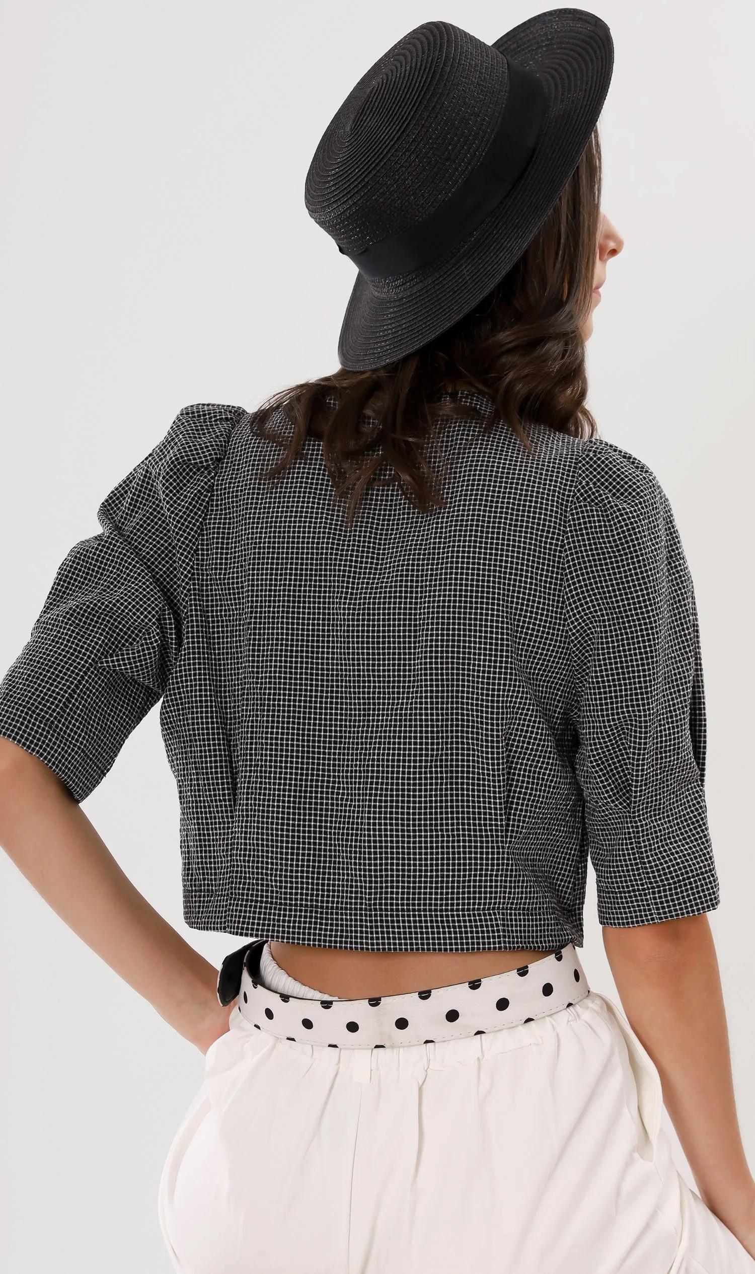 KATYA Buttoned Puff-Sleeve Grid Top (Black)
