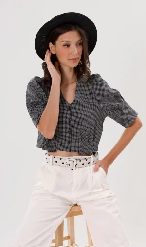 KATYA Buttoned Puff-Sleeve Grid Top (Black)