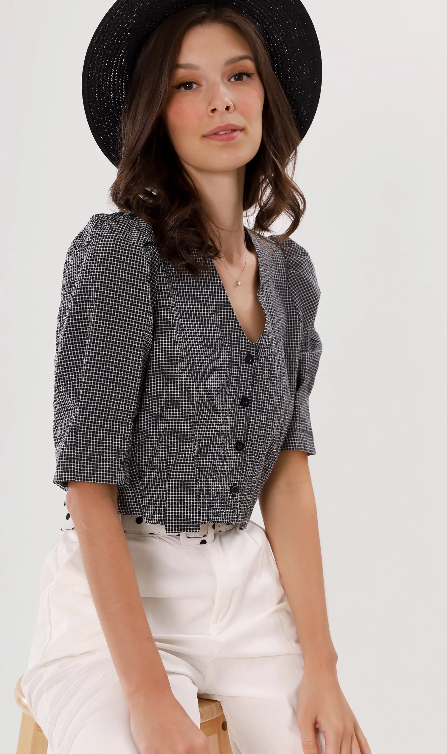 KATYA Buttoned Puff-Sleeve Grid Top (Black)