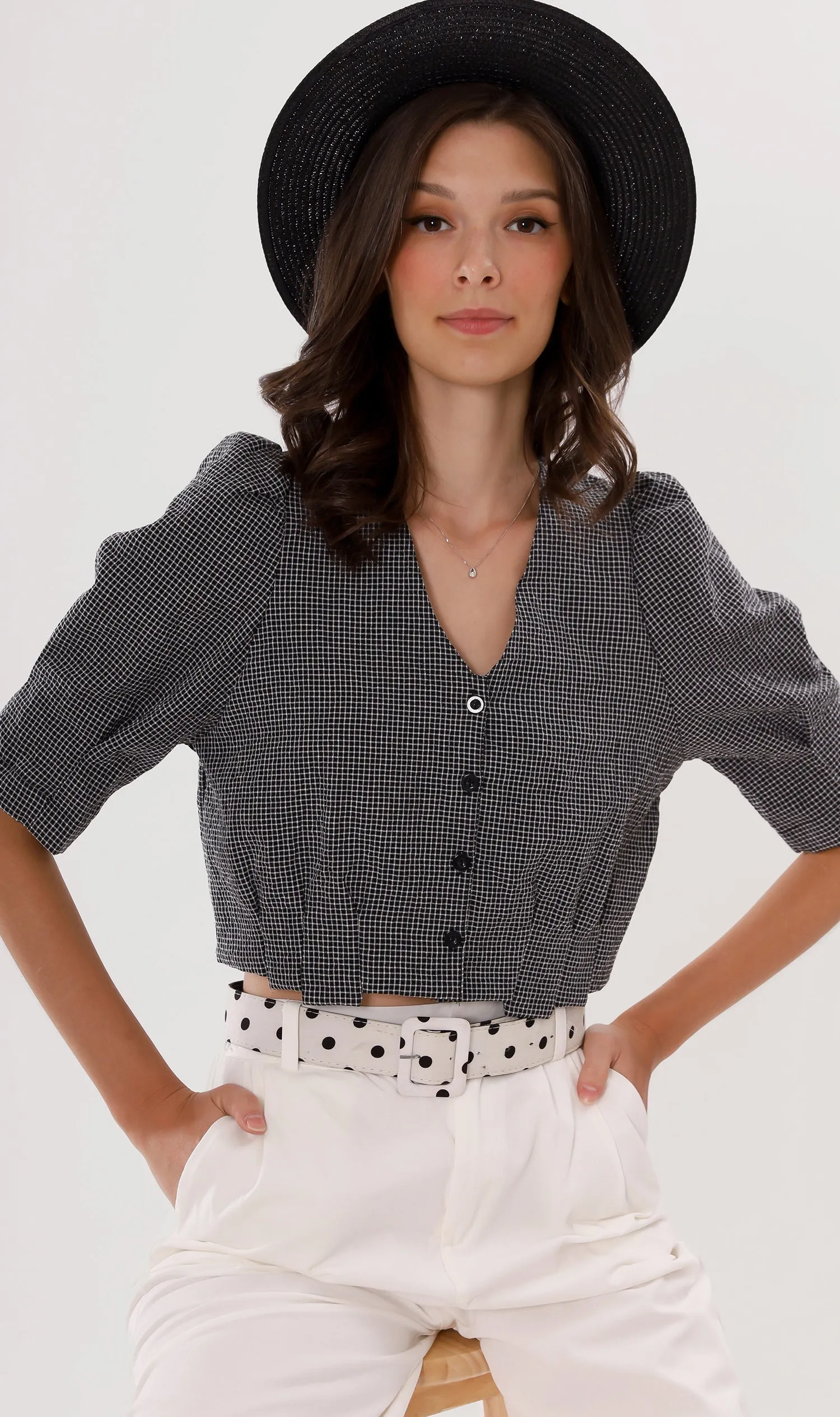 KATYA Buttoned Puff-Sleeve Grid Top (Black)