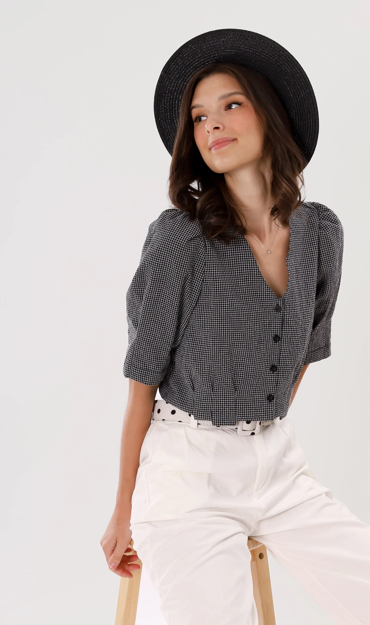 KATYA Buttoned Puff-Sleeve Grid Top (Black)