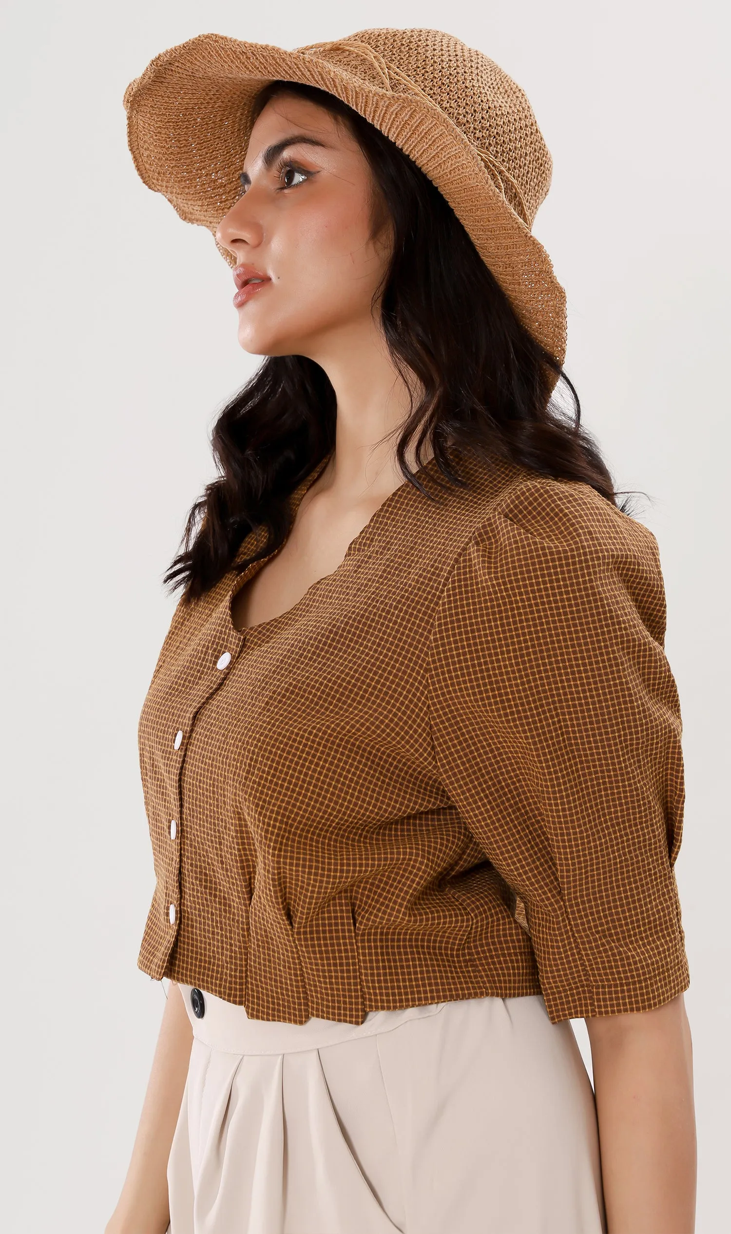 KATYA Buttoned Puff-Sleeve Grid Top (Cinnamon)