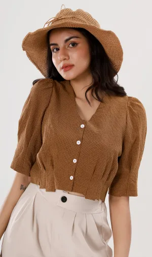 KATYA Buttoned Puff-Sleeve Grid Top (Cinnamon)