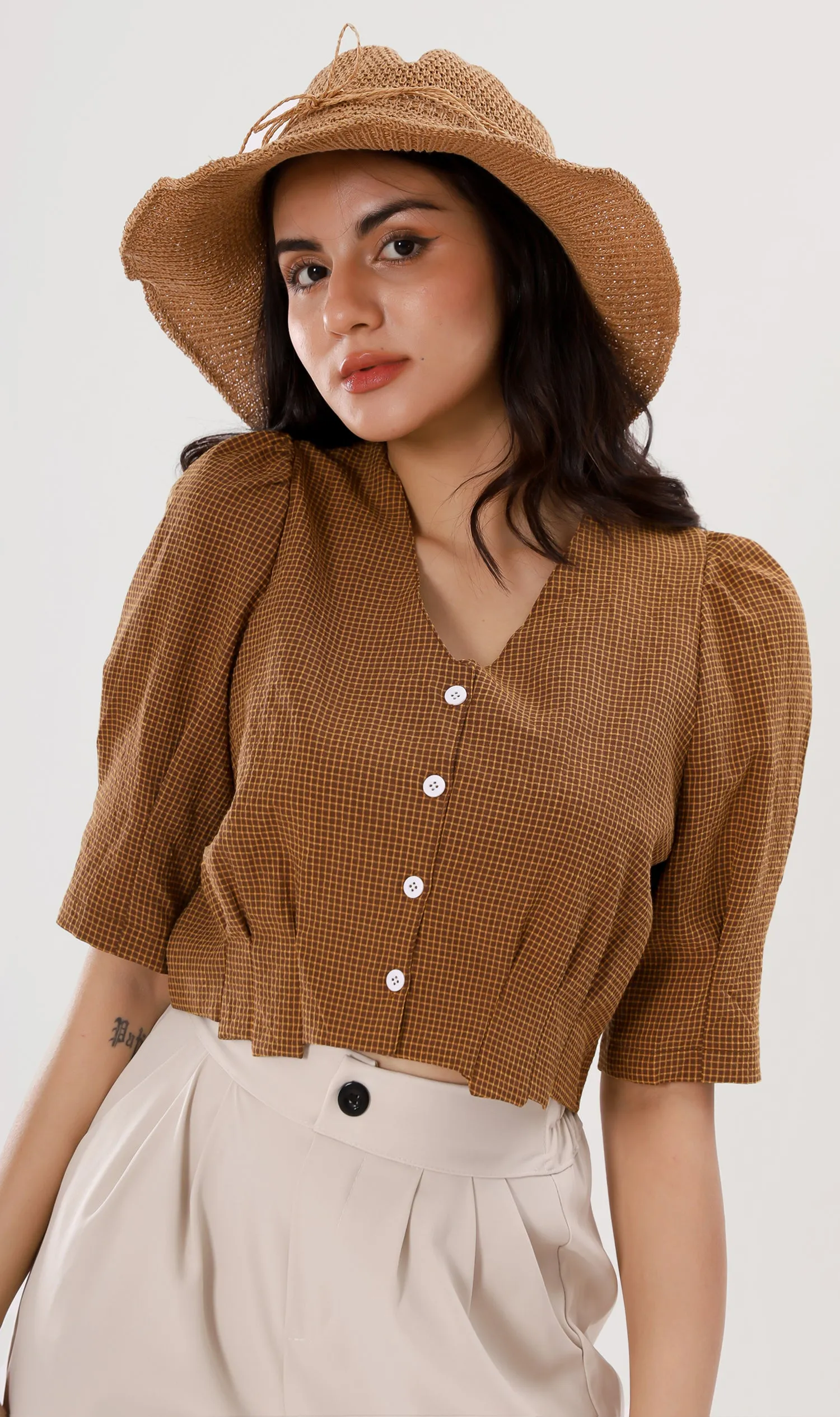 KATYA Buttoned Puff-Sleeve Grid Top (Cinnamon)