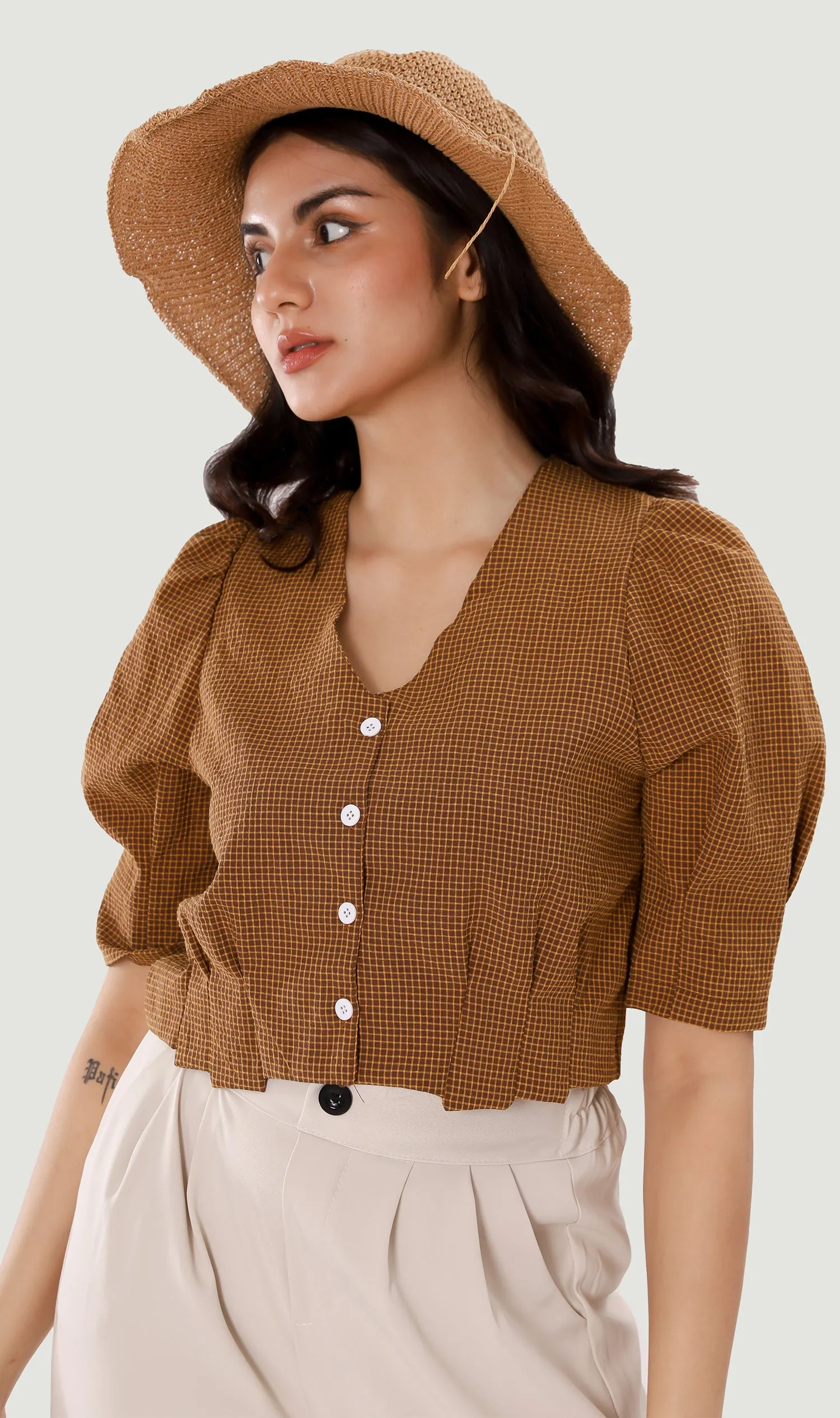KATYA Buttoned Puff-Sleeve Grid Top (Cinnamon)