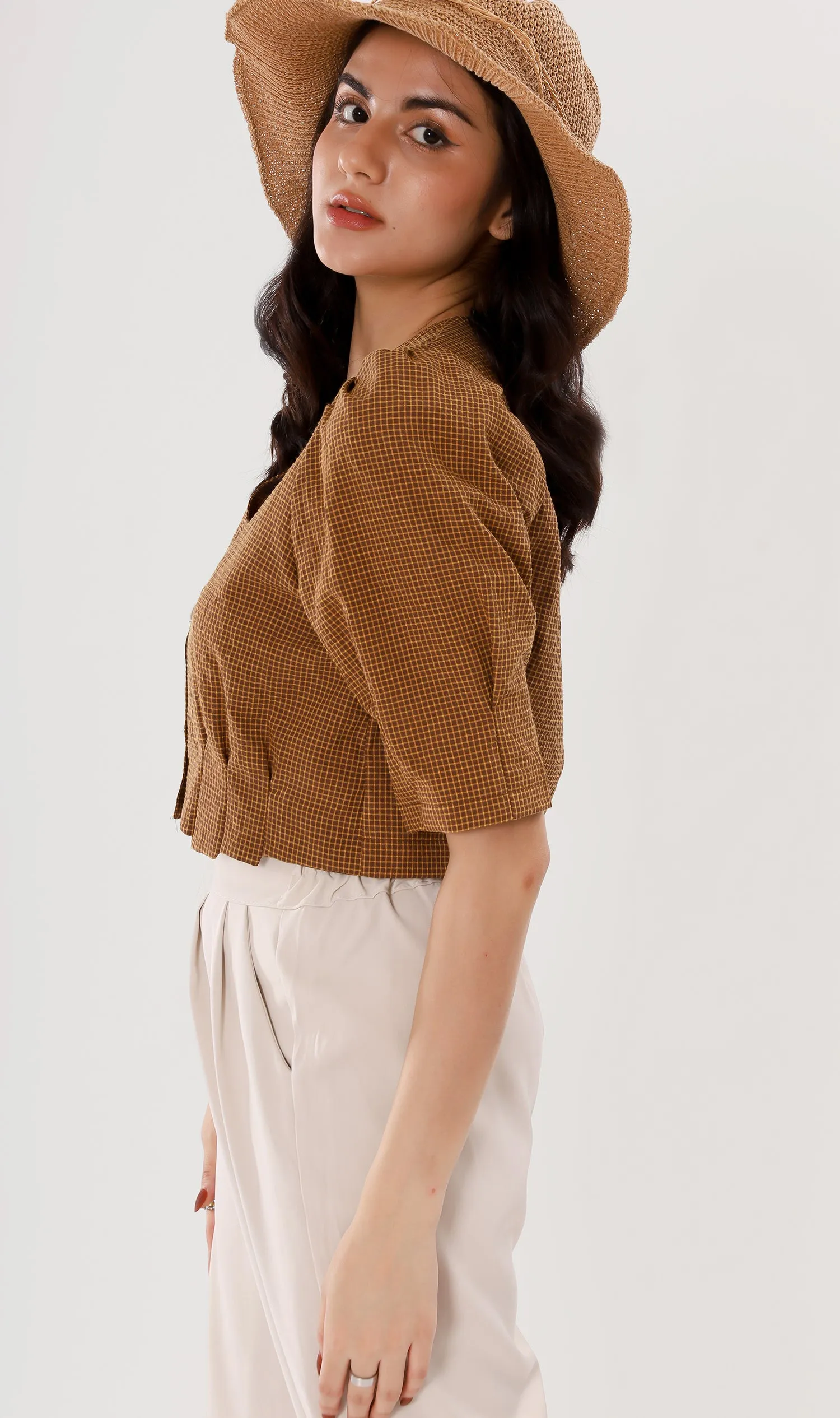 KATYA Buttoned Puff-Sleeve Grid Top (Cinnamon)