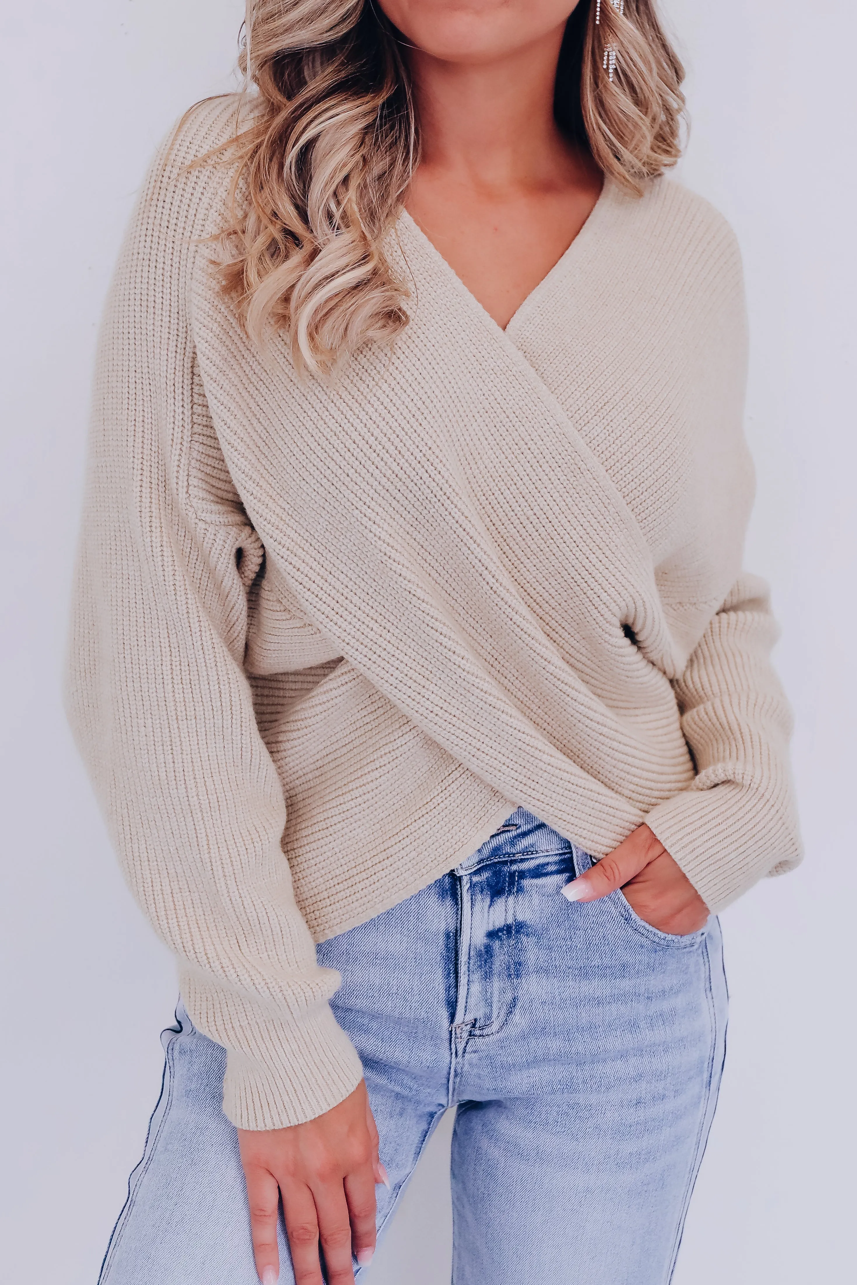 Kerry Crossover Dolman Sleeve Sweater - Tan