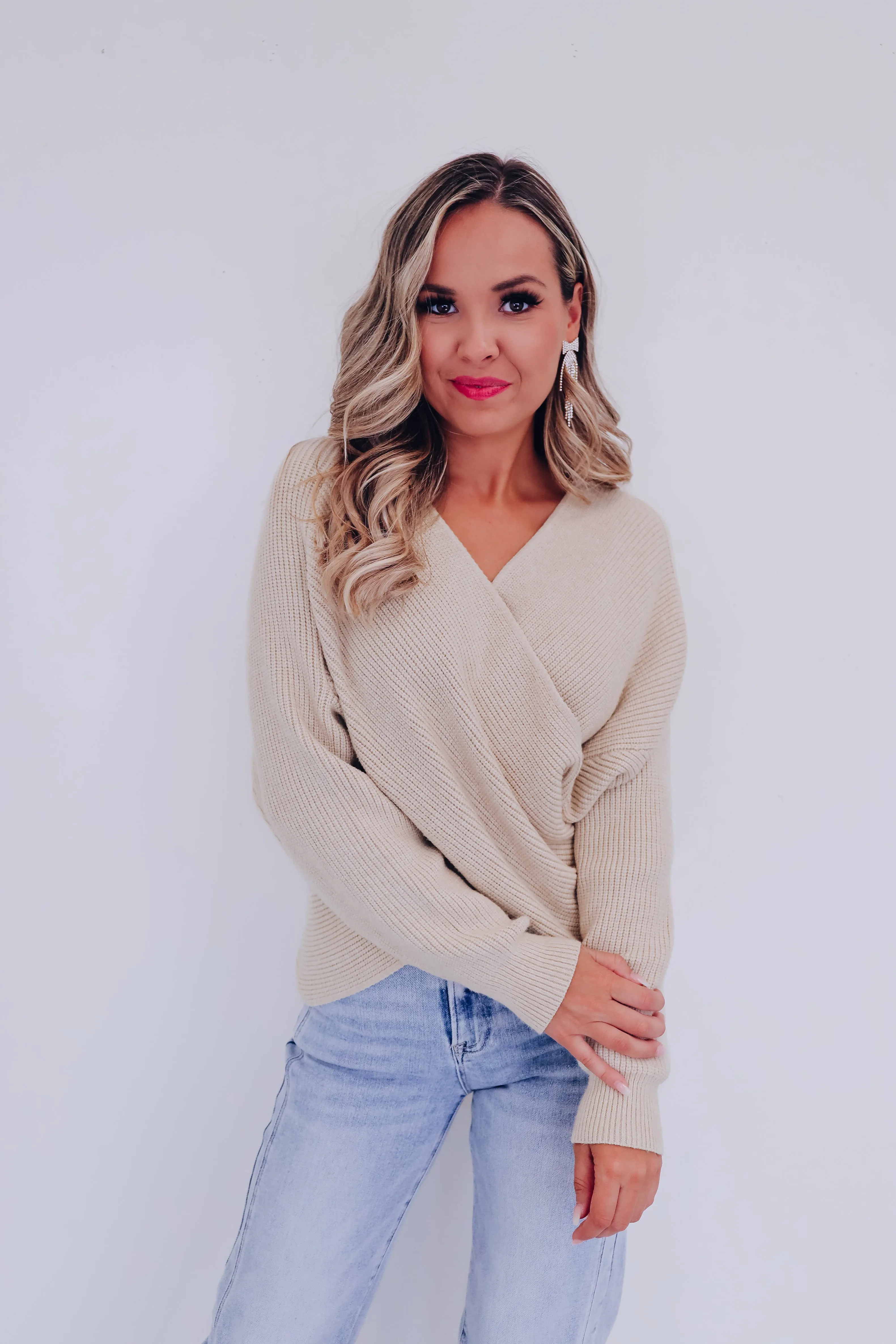 Kerry Crossover Dolman Sleeve Sweater - Tan