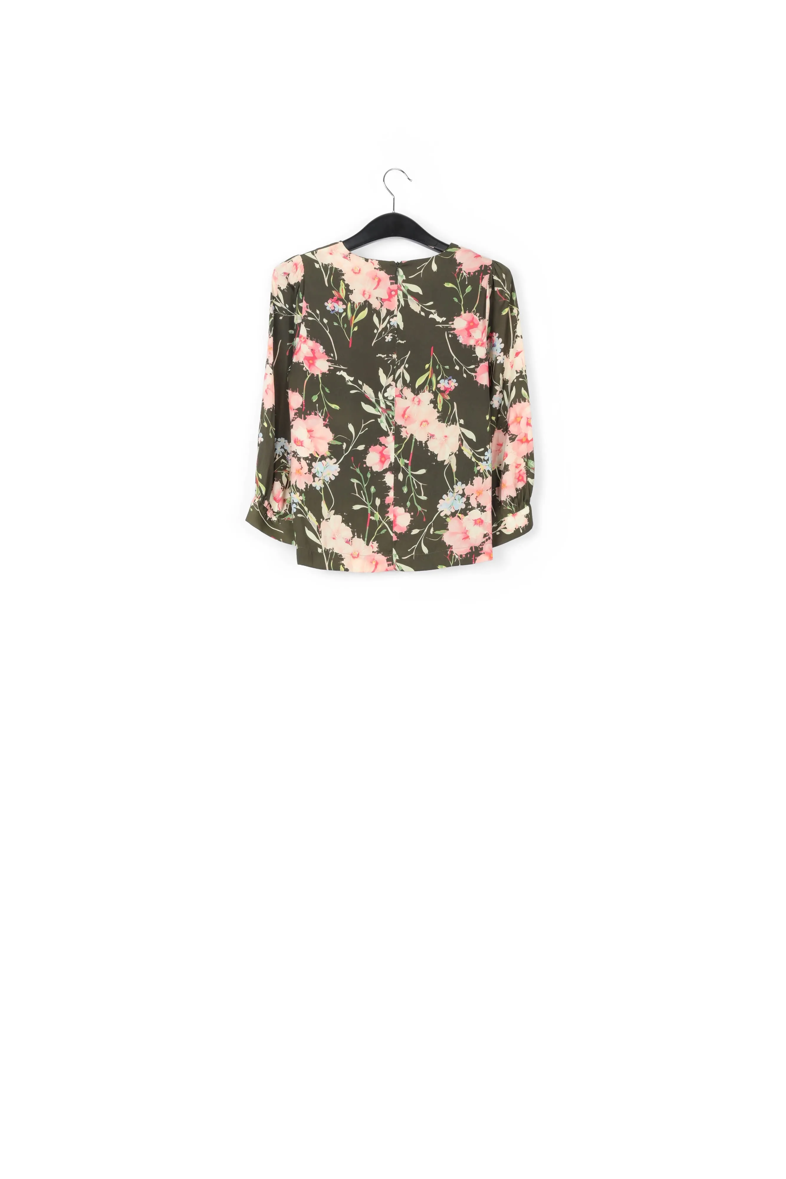 Khaki floral top with puff sleeves