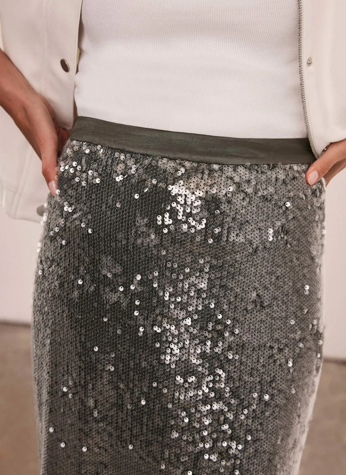 Khaki Sequin Midi Skirt