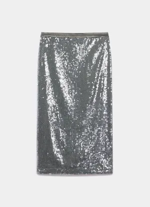 Khaki Sequin Midi Skirt