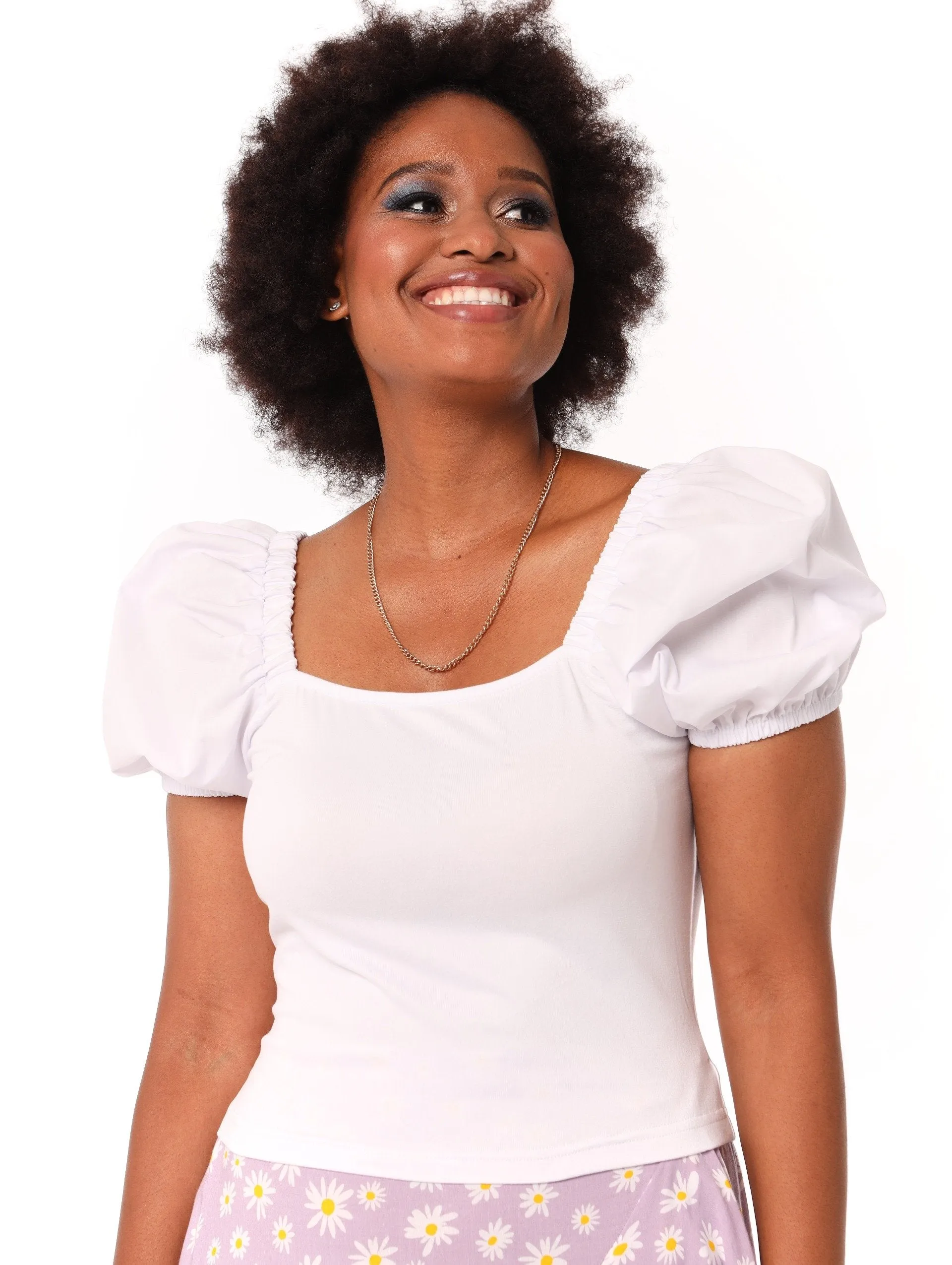 Ladies Poplin Puff Sleeve Top - White