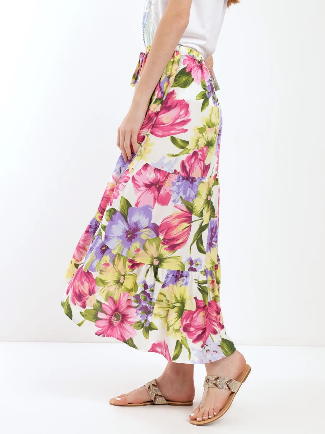 Ladies Tiered Hilo Flare Midi Skirt - Floral