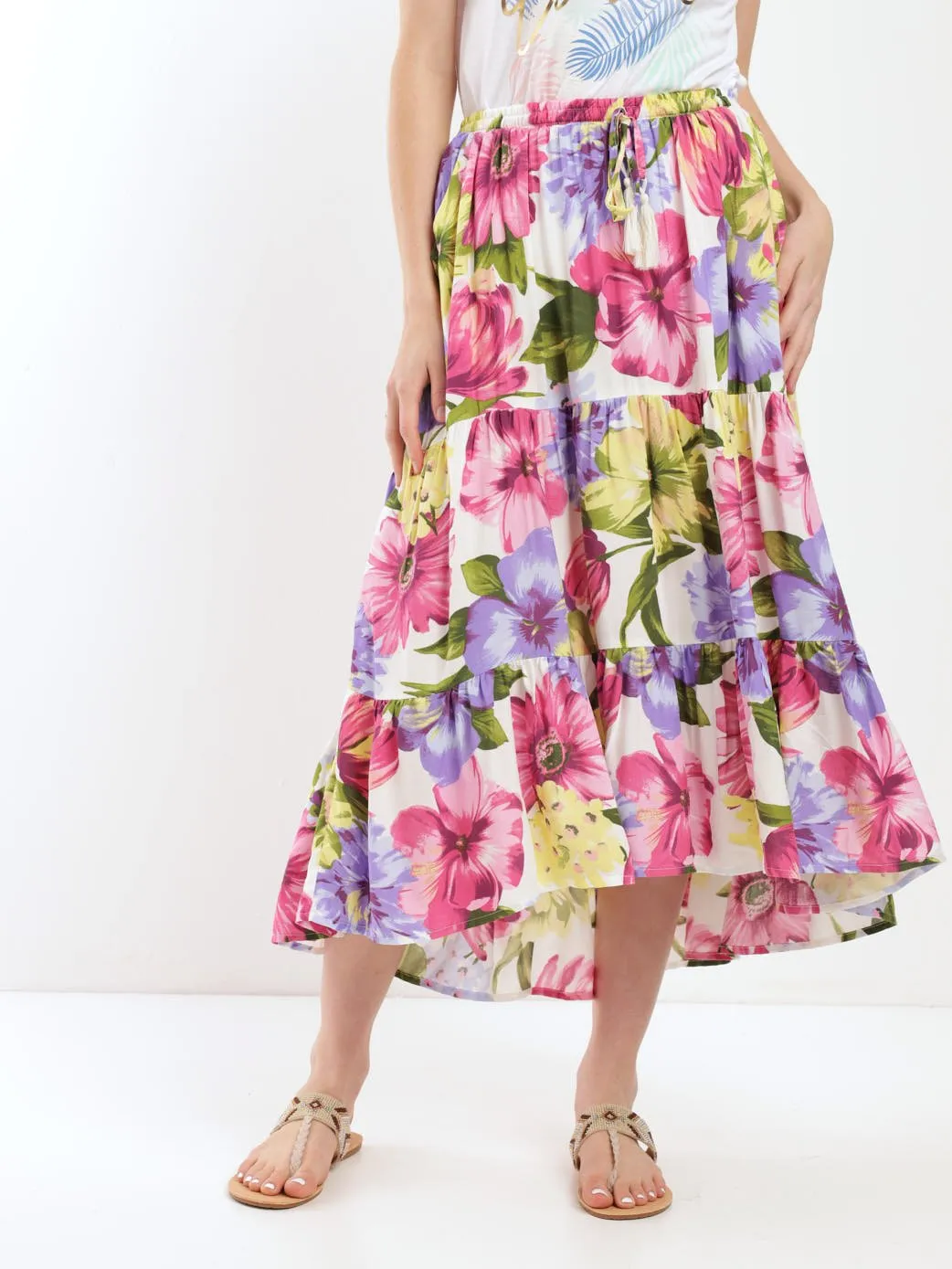 Ladies Tiered Hilo Flare Midi Skirt - Floral