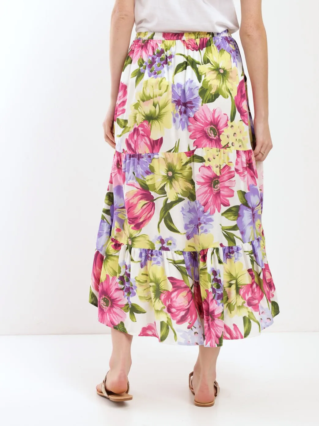 Ladies Tiered Hilo Flare Midi Skirt - Floral