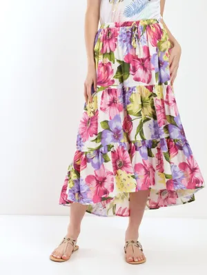 Ladies Tiered Hilo Flare Midi Skirt - Floral