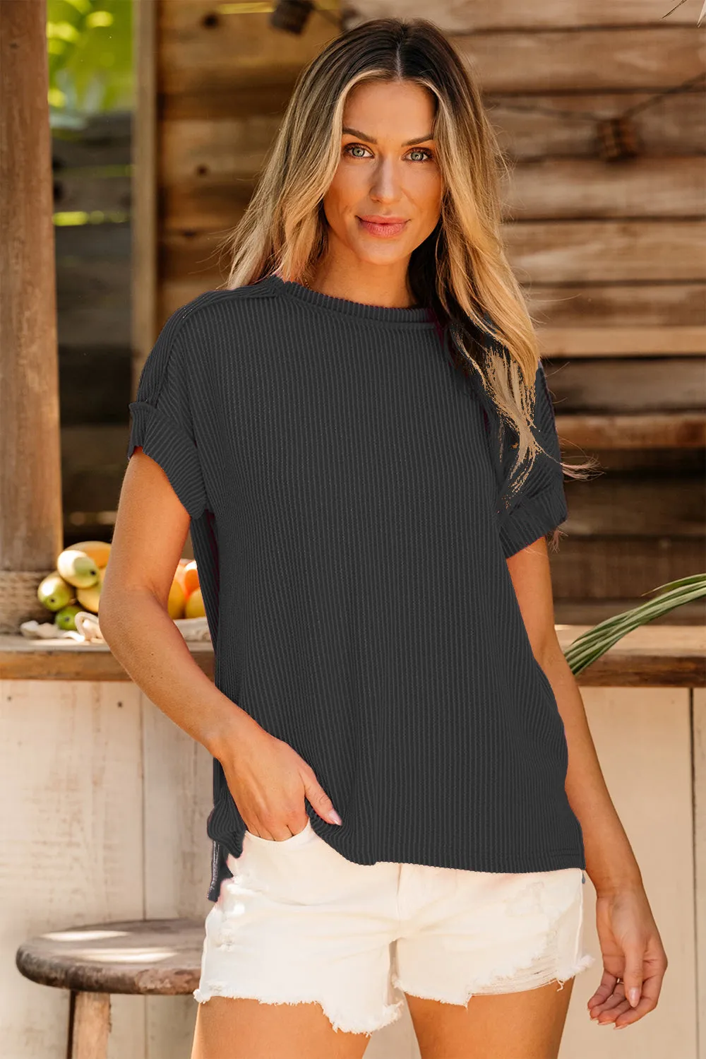 Lanie Exposed Seam Round Neck Short Sleeve T-Shirt