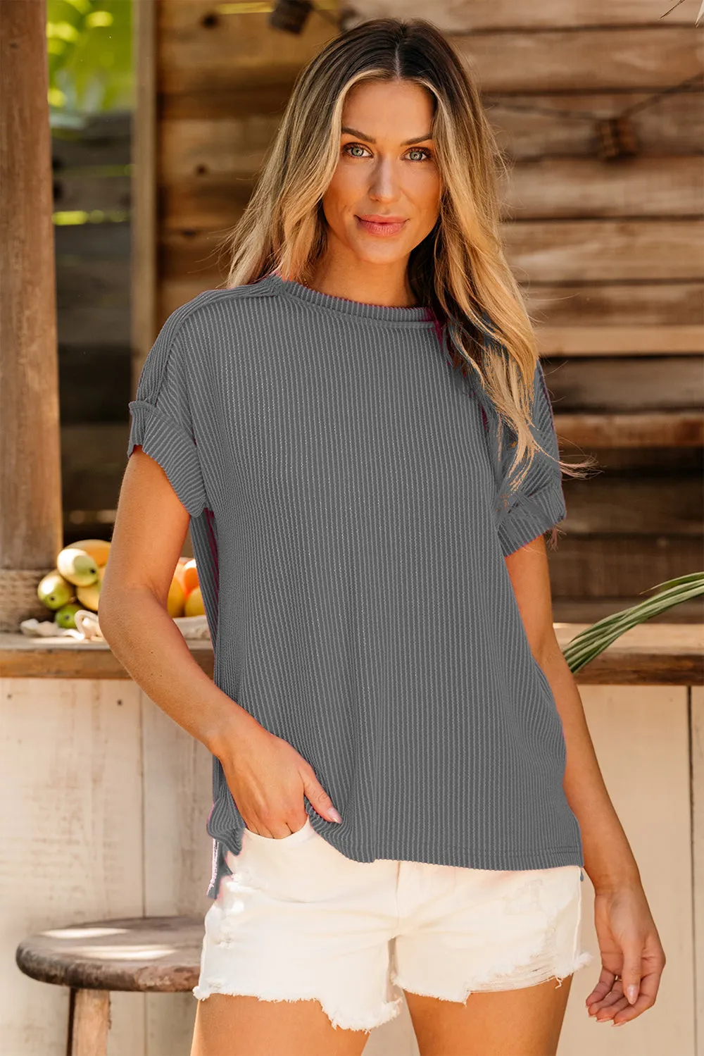 Lanie Exposed Seam Round Neck Short Sleeve T-Shirt