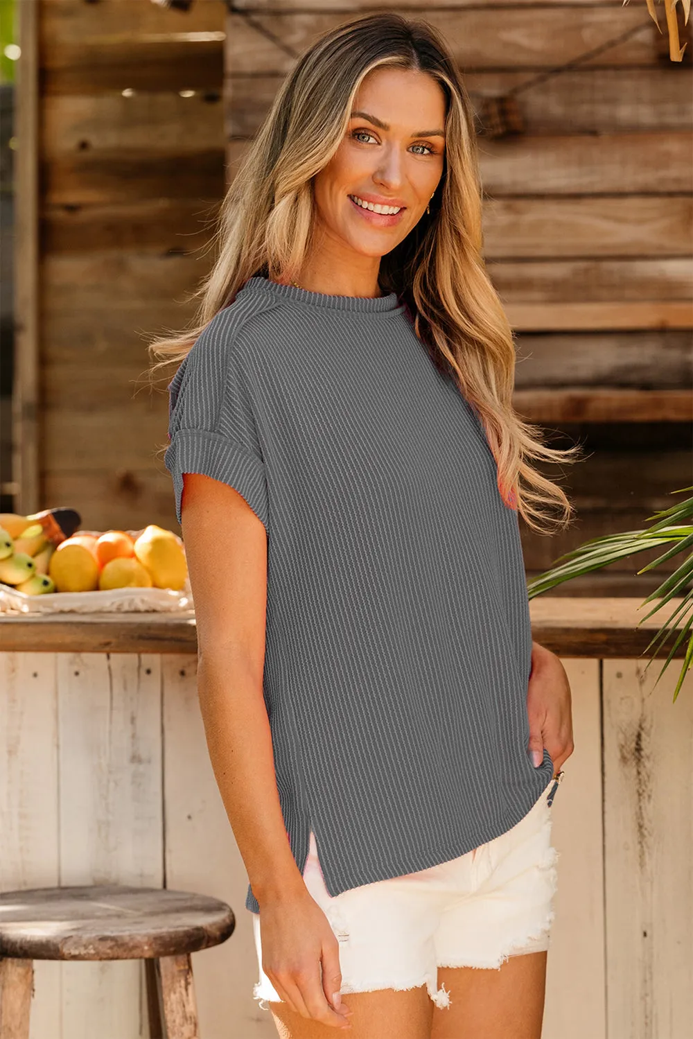 Lanie Exposed Seam Round Neck Short Sleeve T-Shirt