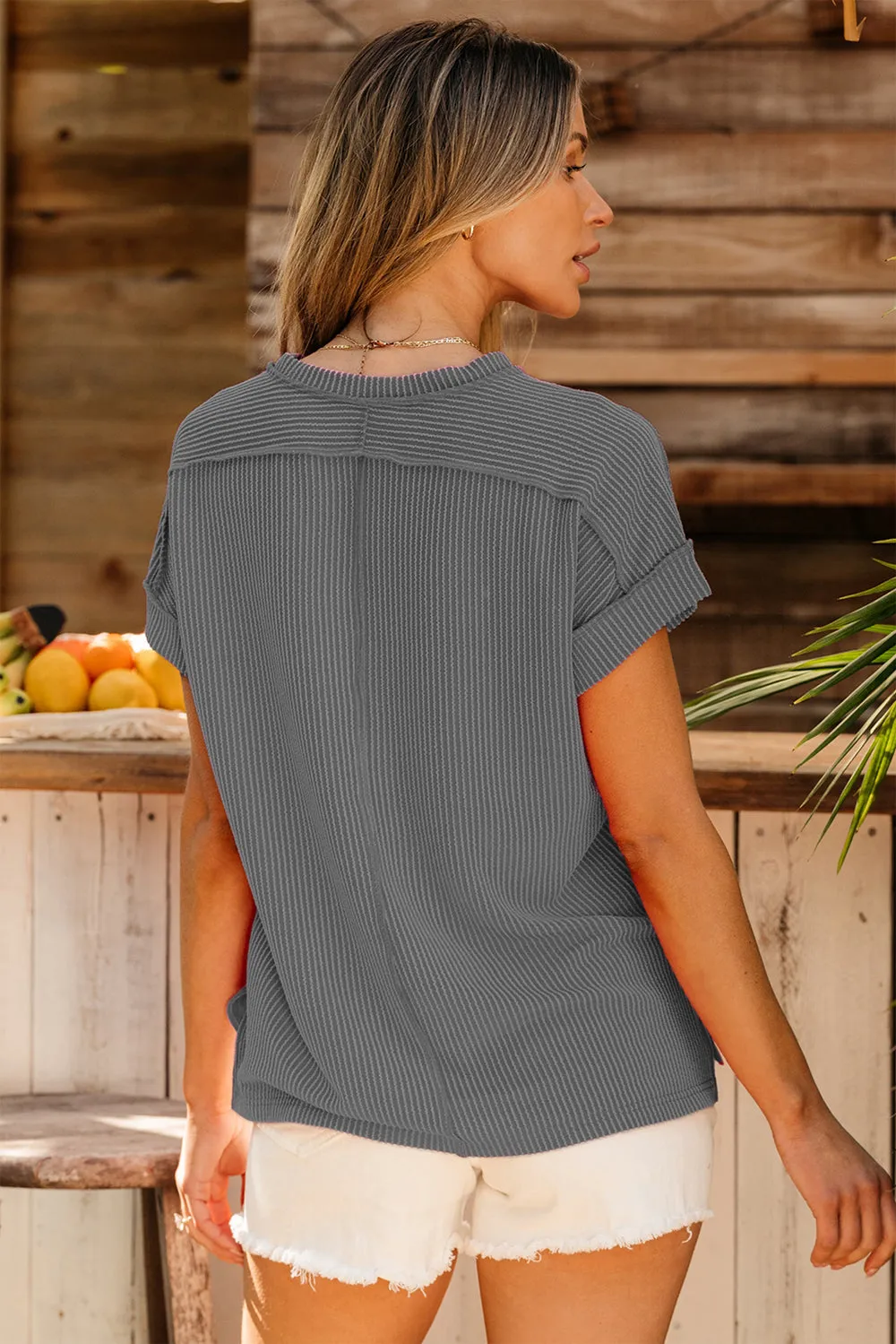 Lanie Exposed Seam Round Neck Short Sleeve T-Shirt