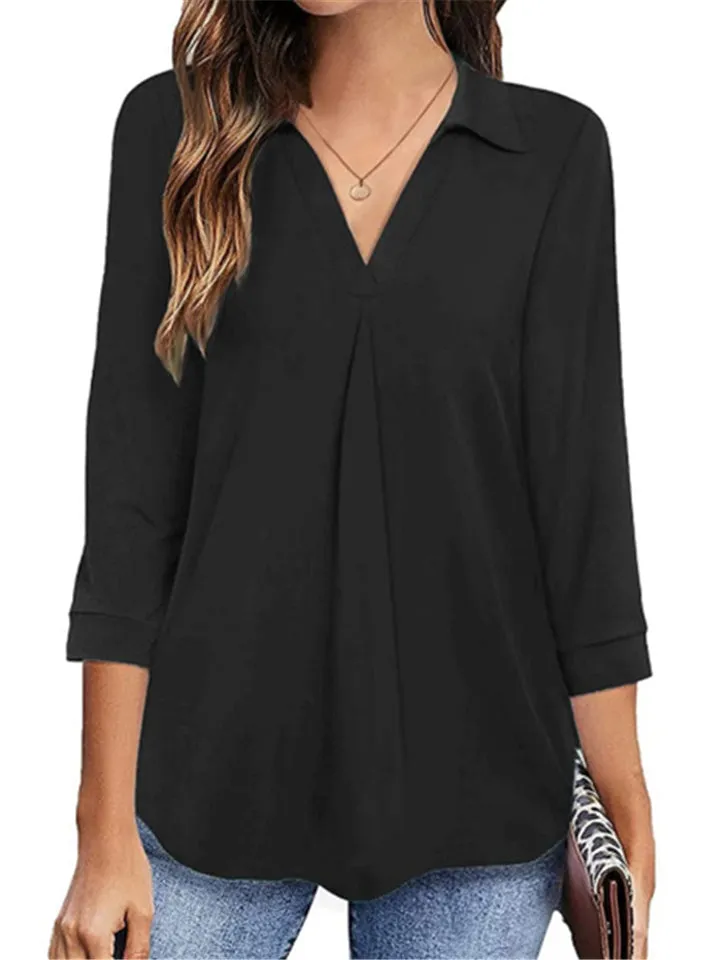 Lapel Solid Color 3/4 Sleeve Pullover Blouses