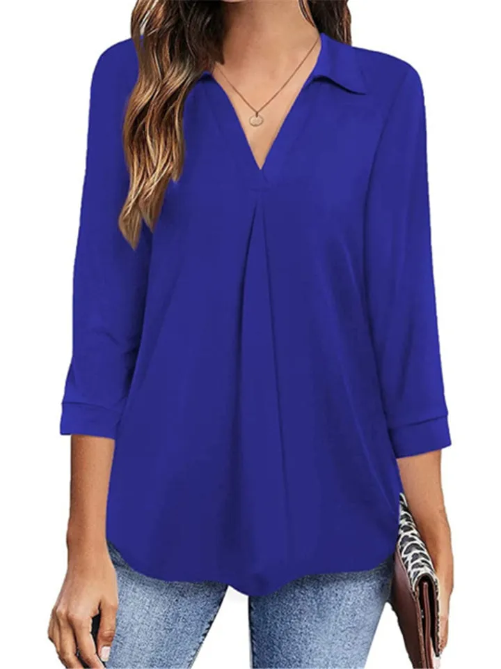 Lapel Solid Color 3/4 Sleeve Pullover Blouses