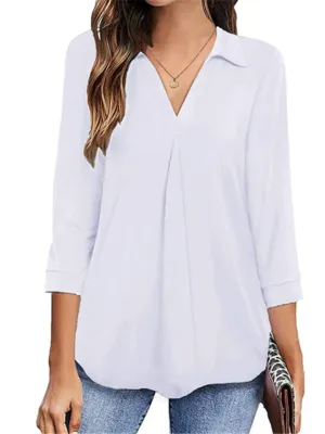 Lapel Solid Color 3/4 Sleeve Pullover Blouses