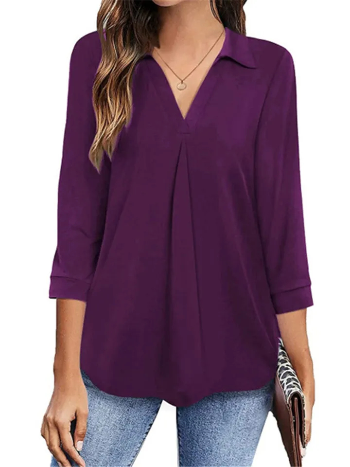 Lapel Solid Color 3/4 Sleeve Pullover Blouses