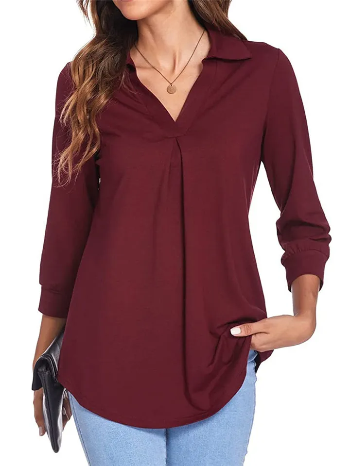 Lapel Solid Color 3/4 Sleeve Pullover Blouses