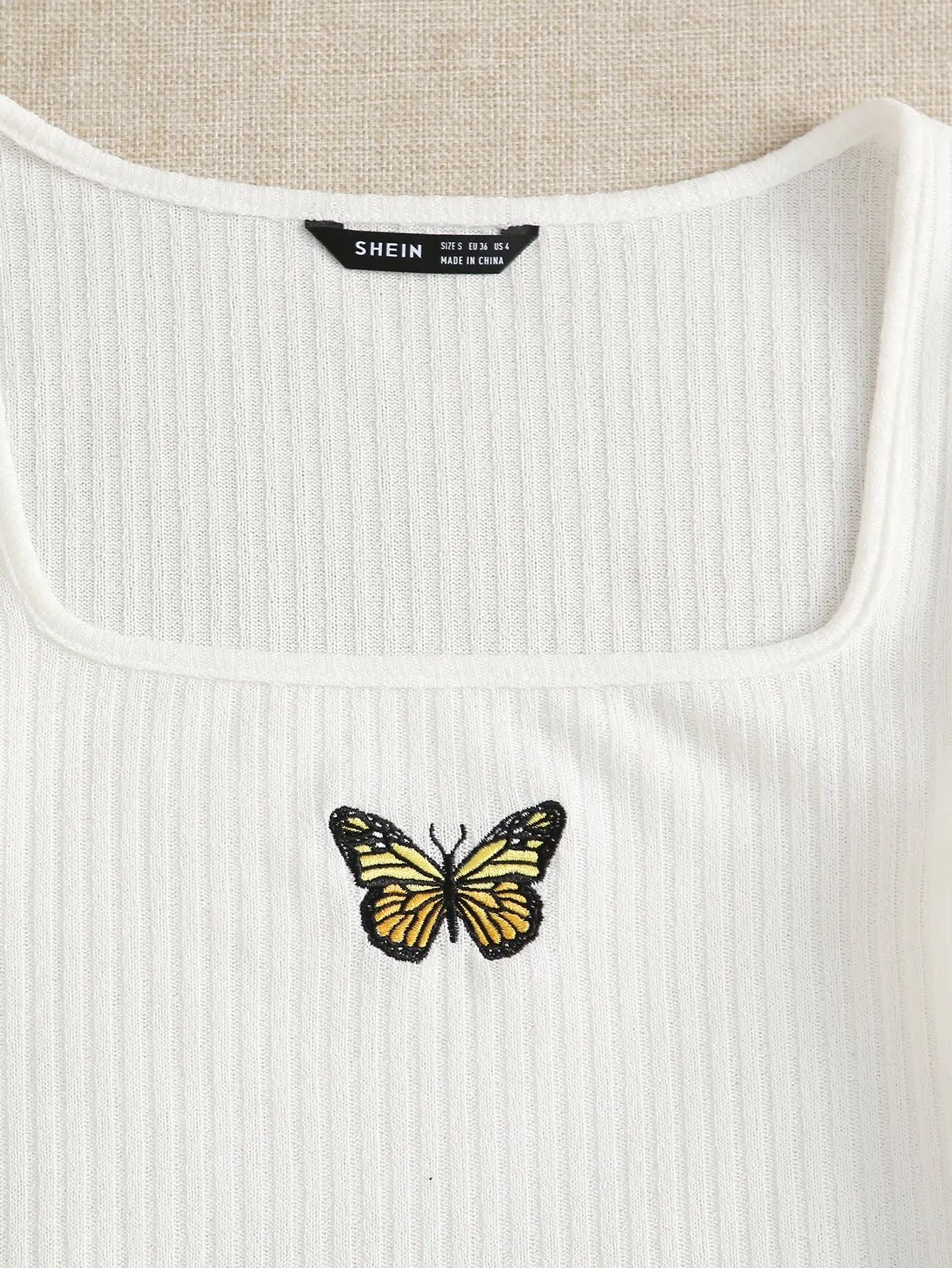 Lettuce Edge Butterfly Embroidered Rib-knit Tee