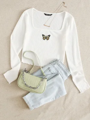 Lettuce Edge Butterfly Embroidered Rib-knit Tee