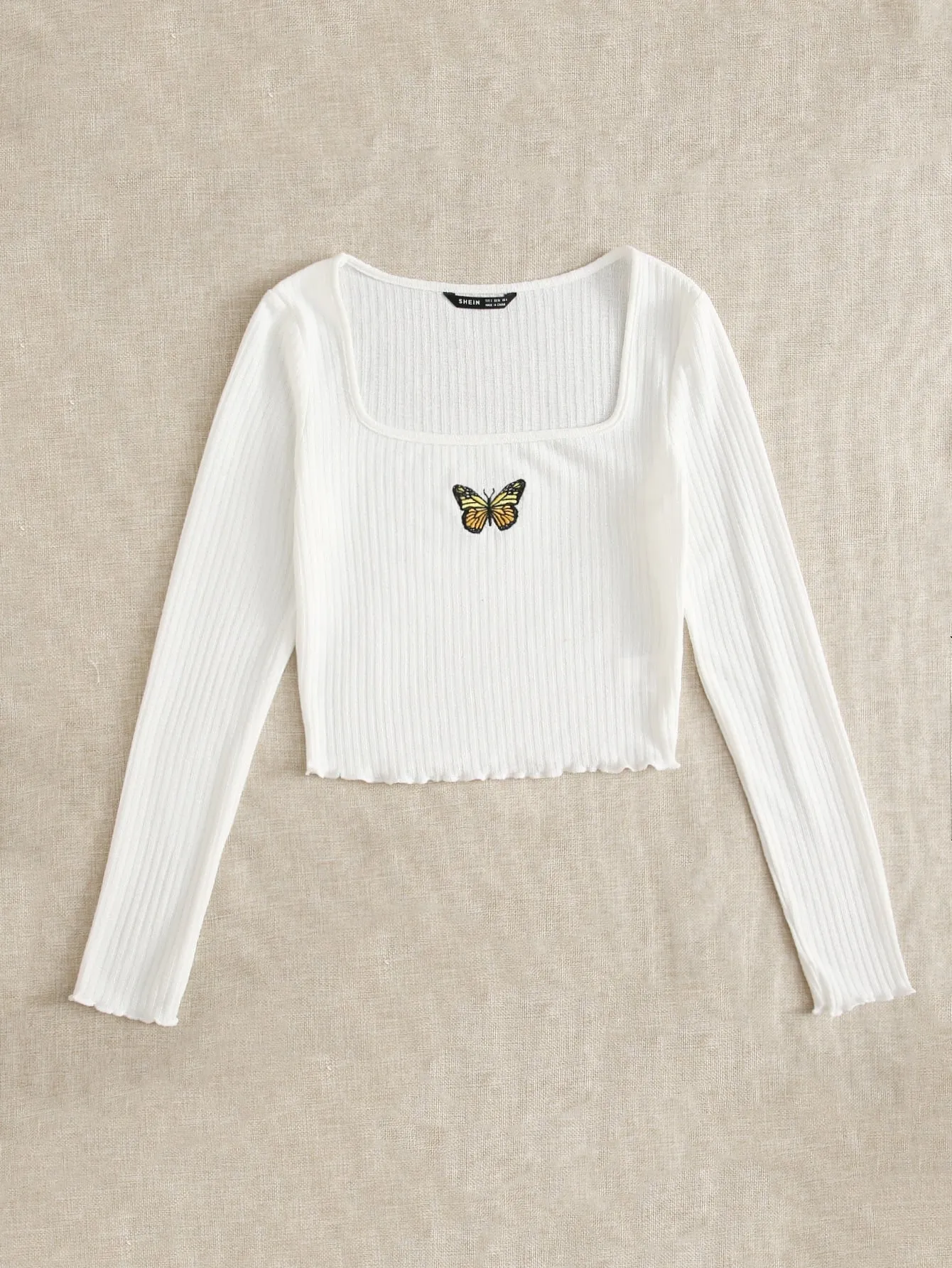 Lettuce Edge Butterfly Embroidered Rib-knit Tee