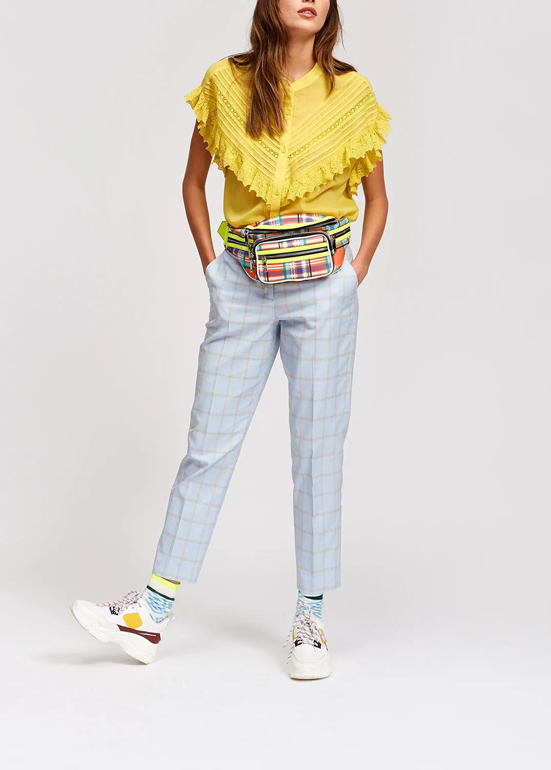 Light blue plaid tailored trousers