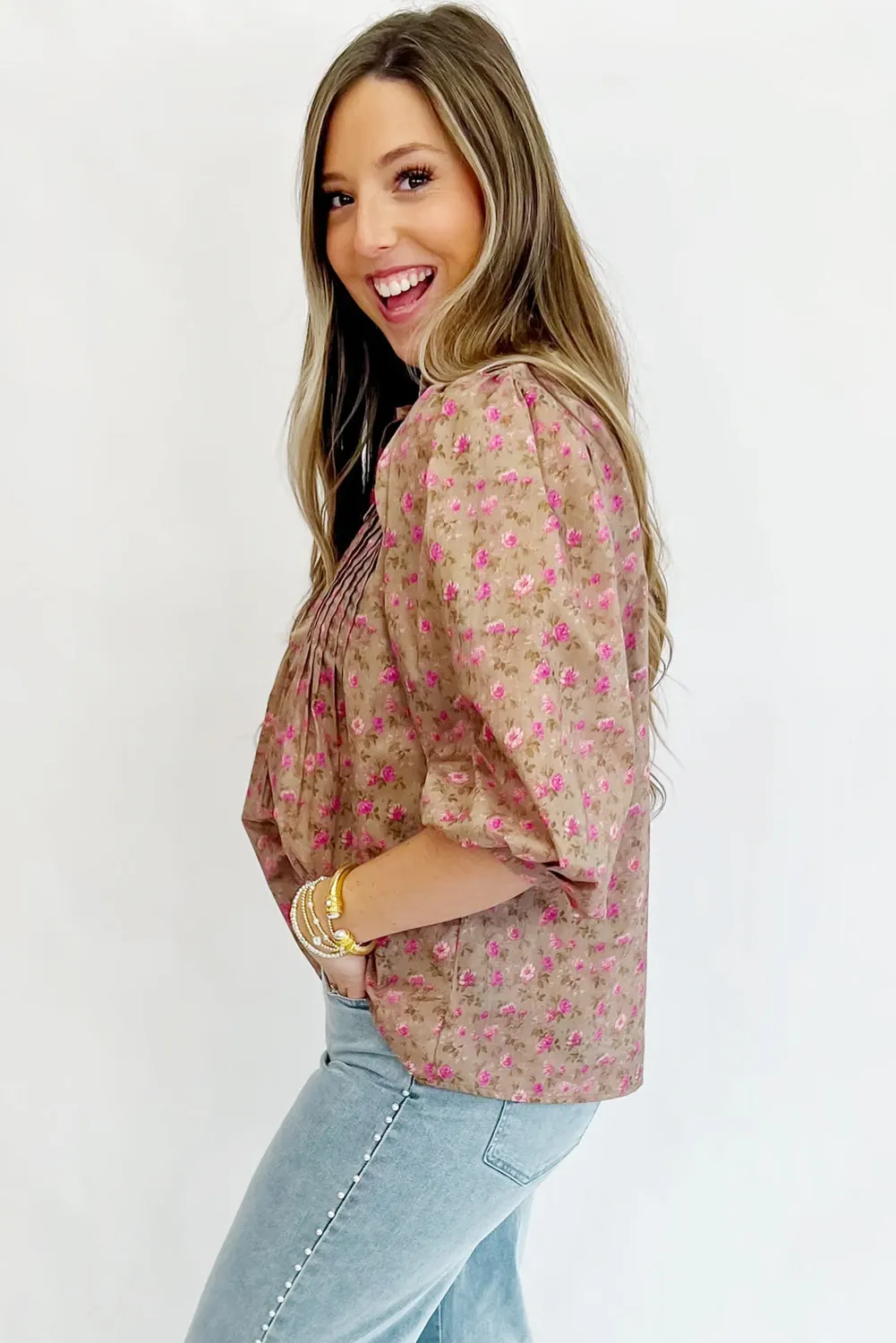 Light French Beige Floral Print Bow Pintuck Bust Half Puff Sleeve Blouse Top