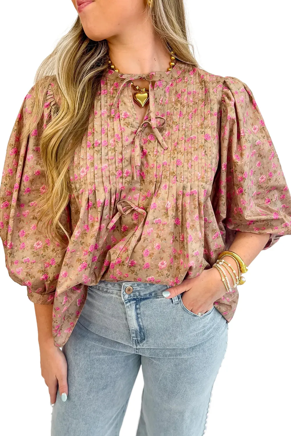 Light French Beige Floral Print Bow Pintuck Bust Half Puff Sleeve Blouse Top