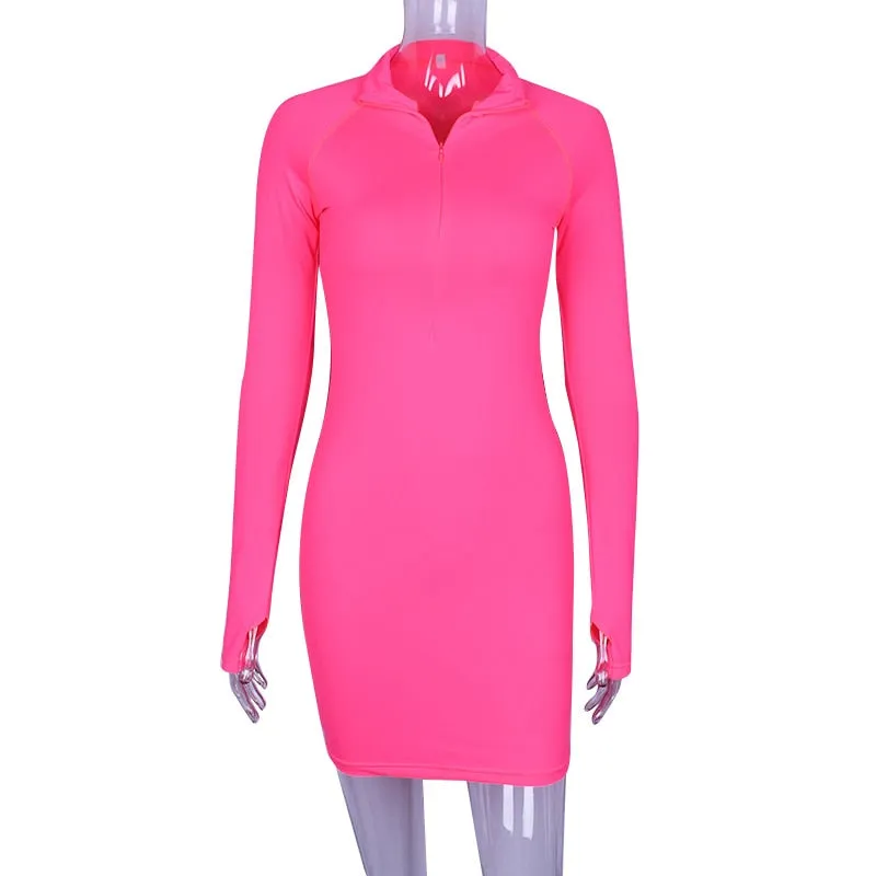 long sleeve high neck zipper high waist body con sexy stretchy dresses