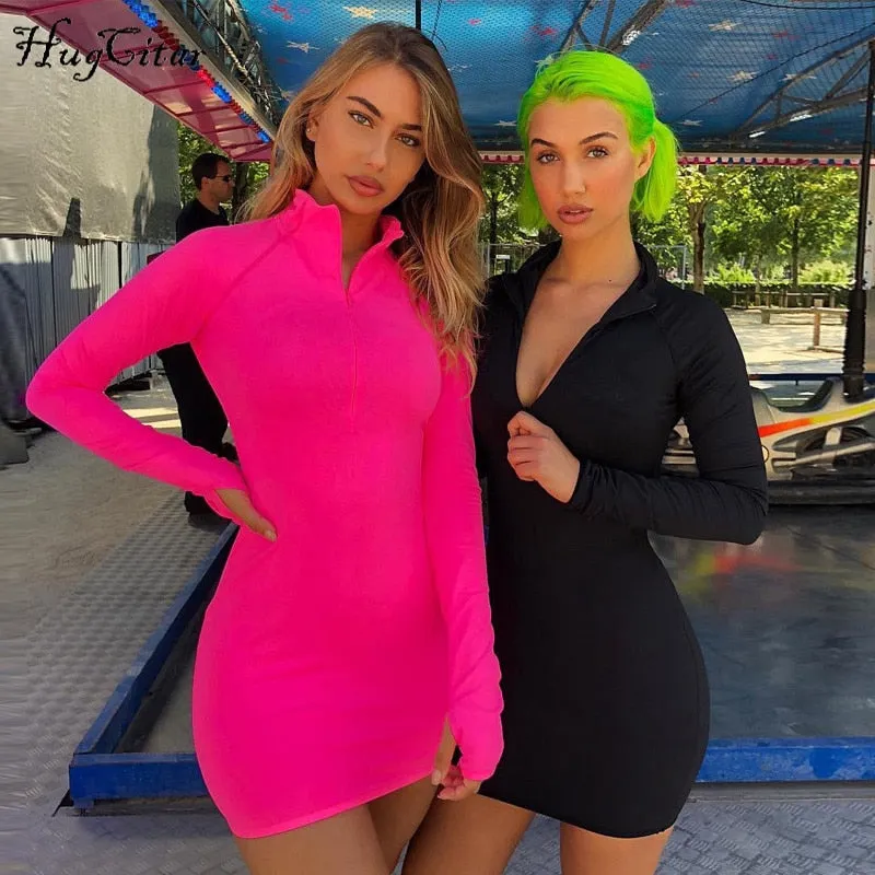 long sleeve high neck zipper high waist body con sexy stretchy dresses