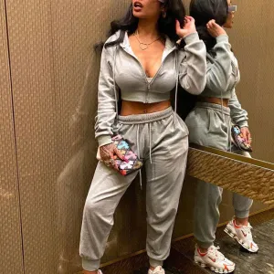 Long Sleeve Zipper Drawstring Design Hoodie Top & Pants Set