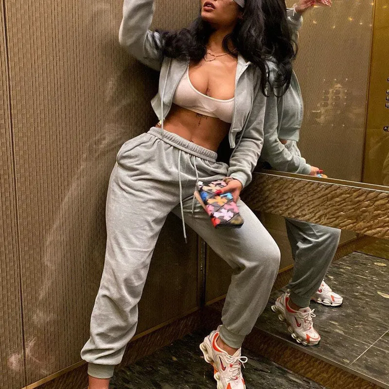 Long Sleeve Zipper Drawstring Design Hoodie Top & Pants Set
