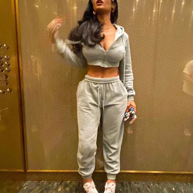 Long Sleeve Zipper Drawstring Design Hoodie Top & Pants Set
