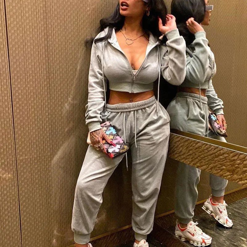Long Sleeve Zipper Drawstring Design Hoodie Top & Pants Set