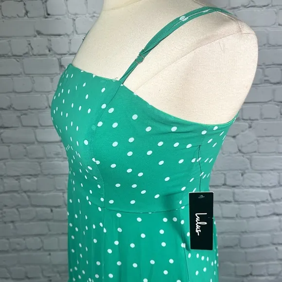 Lulu’s Nellie Green Polka Dot Ruffled Midi Dress size medium NEW