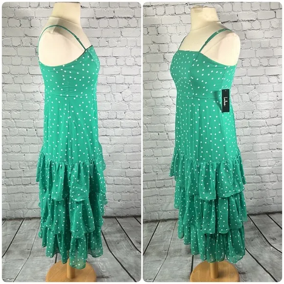 Lulu’s Nellie Green Polka Dot Ruffled Midi Dress size medium NEW