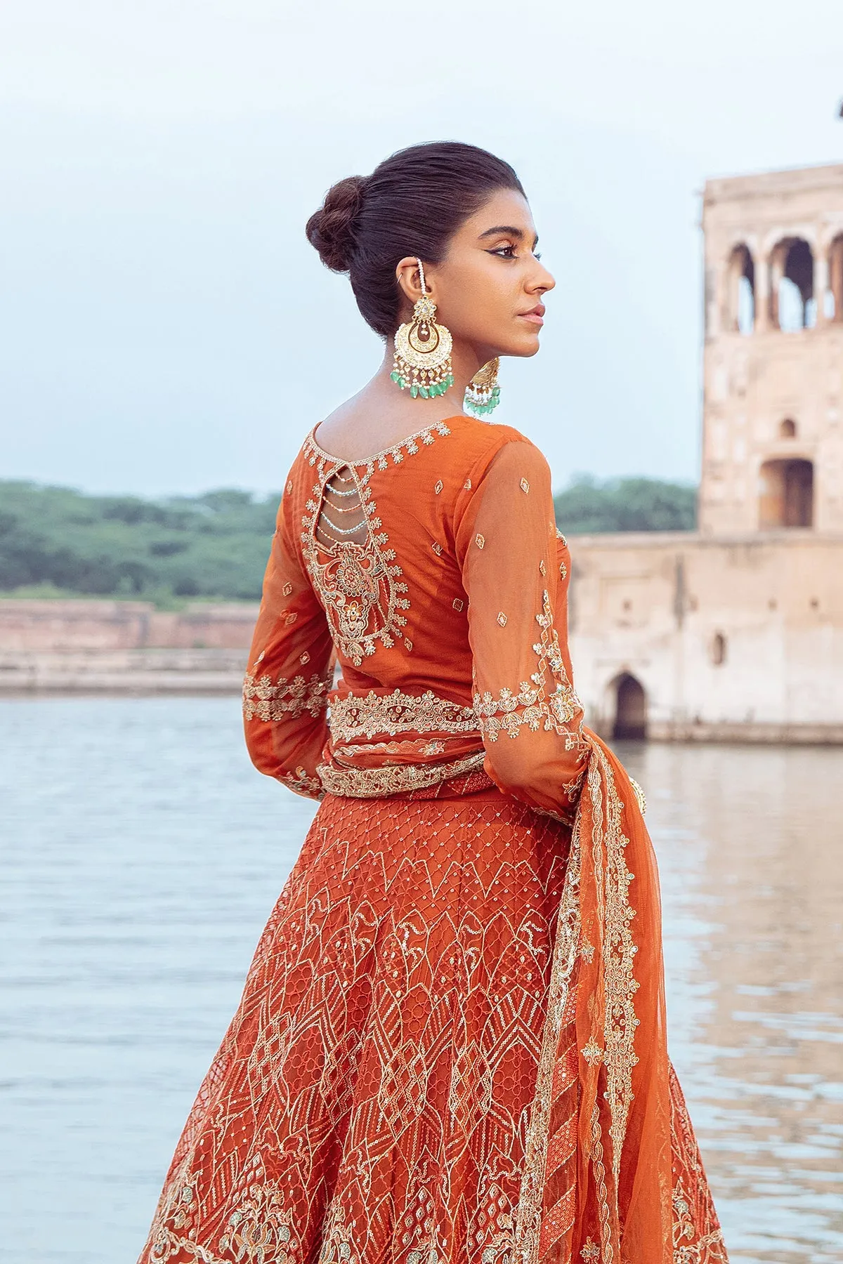Luxury Pakistani Wedding Dress in Lehenga Choli Style in Orange Shade