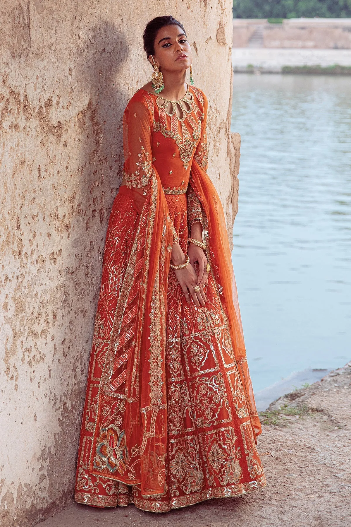 Luxury Pakistani Wedding Dress in Lehenga Choli Style in Orange Shade