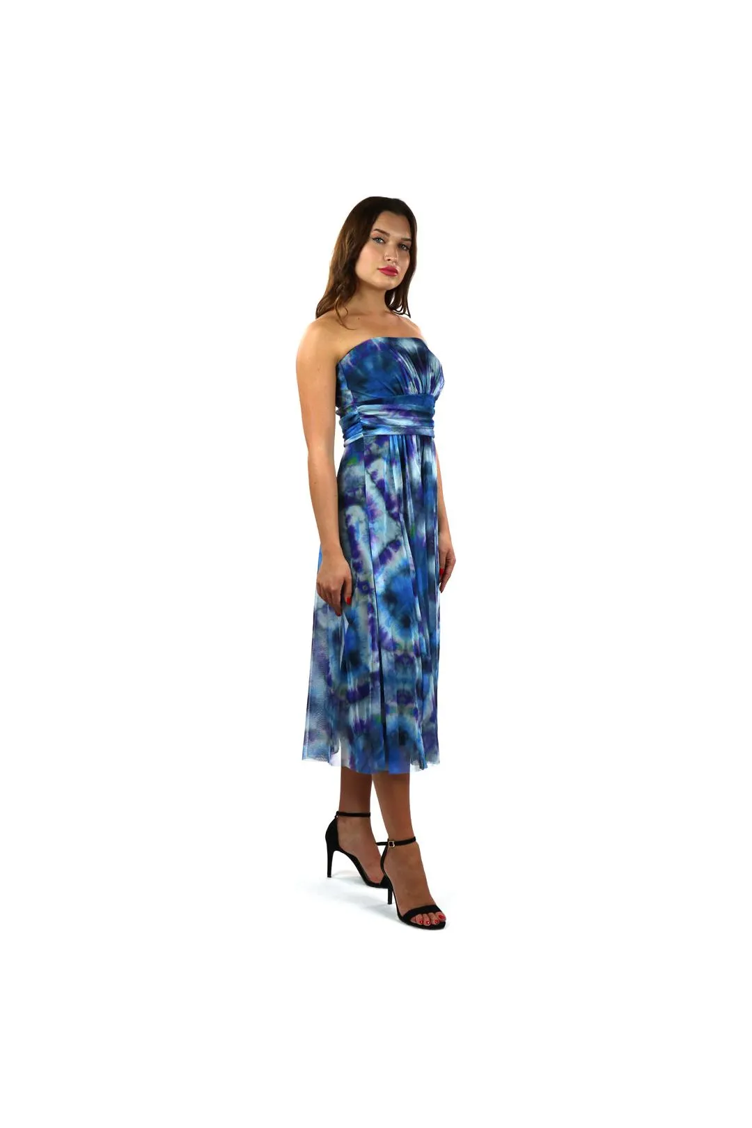 MALI Strapless Ruched Cumberband Bodice Midi Print Dress